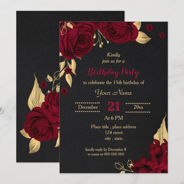 Invitation fête d'anniversaire florale noire et or burgundy (Devant / Derrière)