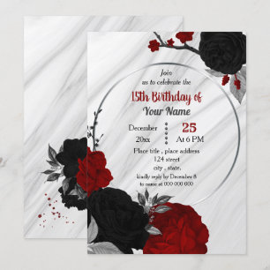 Invitation Fête d'anniversaire florale noire et rouge