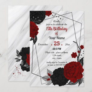 Invitation Fête d'anniversaire florale noire et rouge