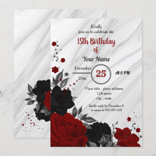Invitation Fête d'anniversaire florale noire et rouge