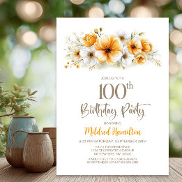 Invitation Fête d'anniversaire florale orange 100 ans