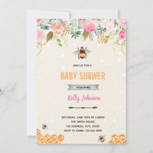 Invitation Fête d'anniversaire florale rose abeille bourdon