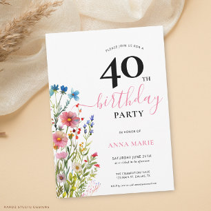 Invitation Fête d'anniversaire Florale Rose Clair 40 ans