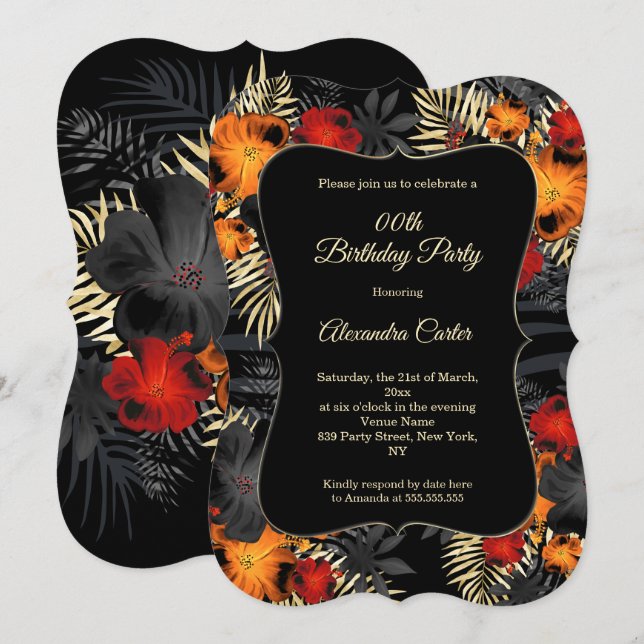 Invitation Fête d'anniversaire Florale Rouge Orange Noir Hibi (Devant / Derrière)