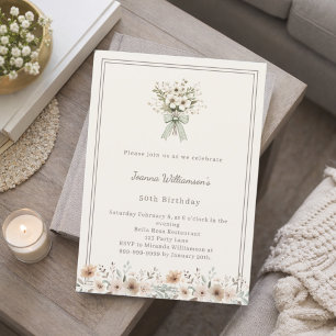 Invitation Fête d'anniversaire florale vert émeraude ivoire