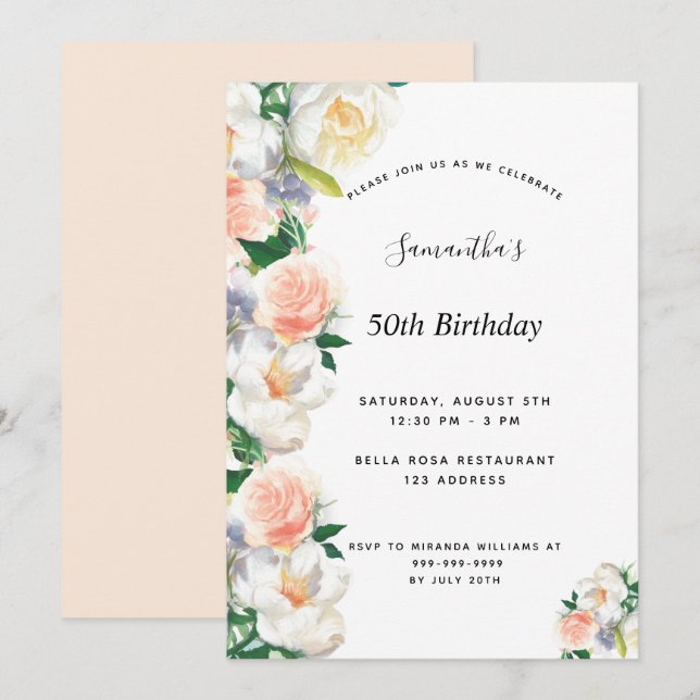 Invitation Fête d'anniversaire flush rose floral blanc (Devant / Derrière)