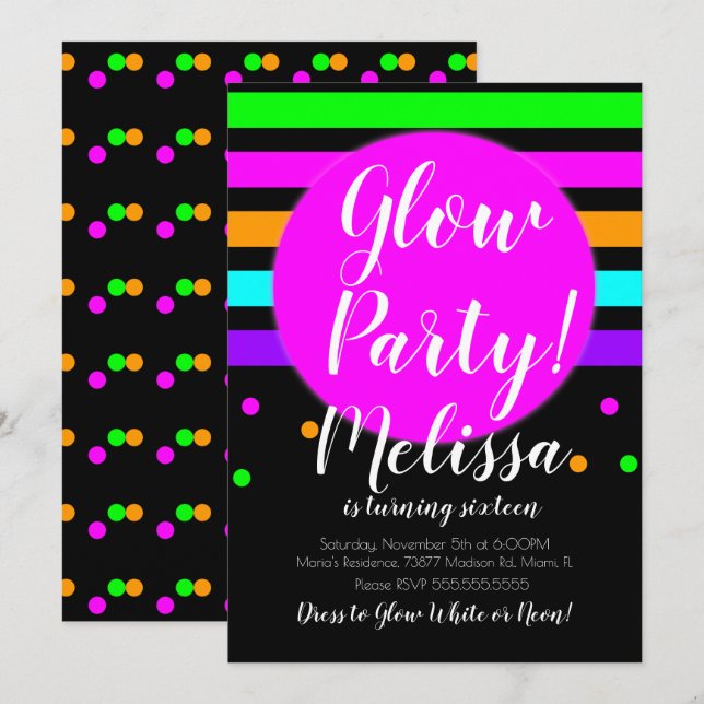 Invitation Fête d'anniversaire folle néon lumineux dans le no (Devant / Derrière)