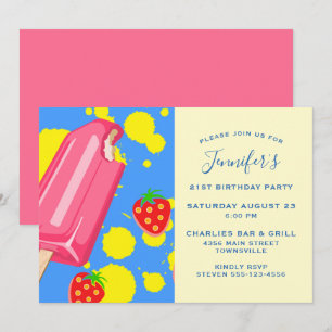 Invitation Fête d'anniversaire Fun Pink Popsicle et fraises