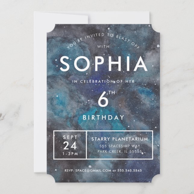 Invitation Fête d'anniversaire Galaxie spatiale en bleu (Devant)
