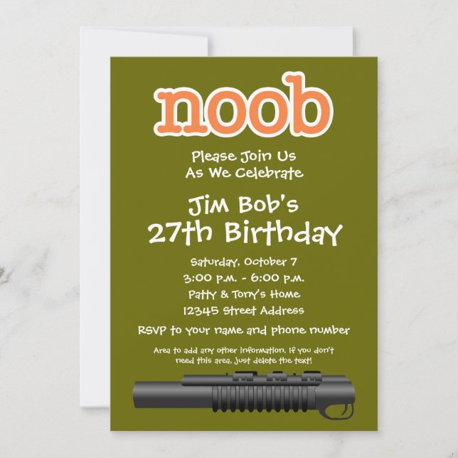 Invitation Fête d'anniversaire - Gamer drôle de Noob (Devant)