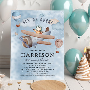 Invitation Fête d'anniversaire garçon avion aquarelle mignon