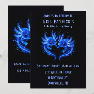 Invitation Fête d'anniversaire garçon axolotl bleu électrique