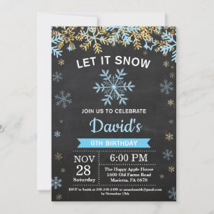 Invitation Fête d'anniversaire garçon bleu et or flocon de ne
