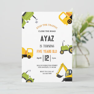 Invitation Fête d'anniversaire garçon camion à benne Construc
