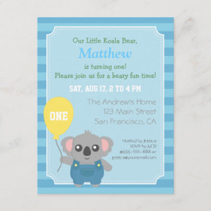 Invitation Fête d'anniversaire garçon ourson koala mignon