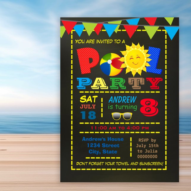 Invitation Fête d'anniversaire garçon piscine (Any number birthday pool party invitation. Simply add your event details.)