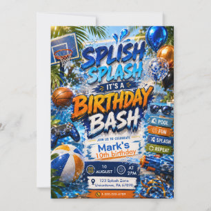 Invitation Fête d'anniversaire garçon Splash Party Piscine Aq