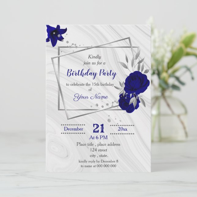 Invitation fête d'anniversaire géométrique bleu royal gris ar (Debout devant)