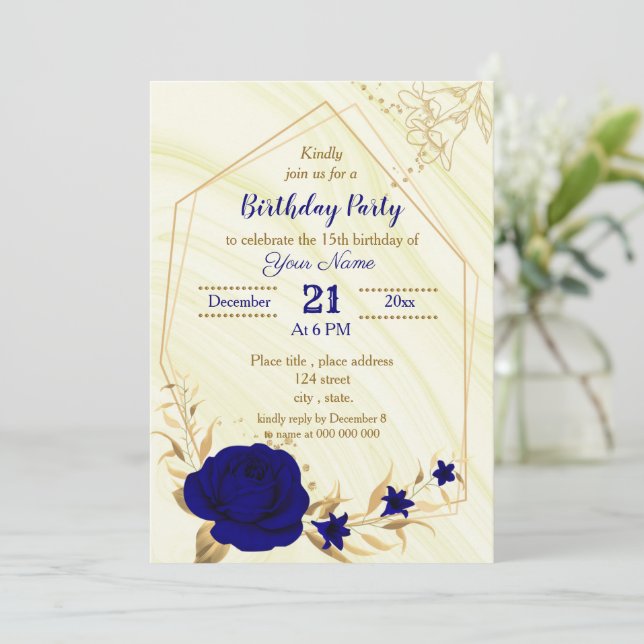 Invitation fête d'anniversaire géométrique bleu royal or flor (Debout devant)