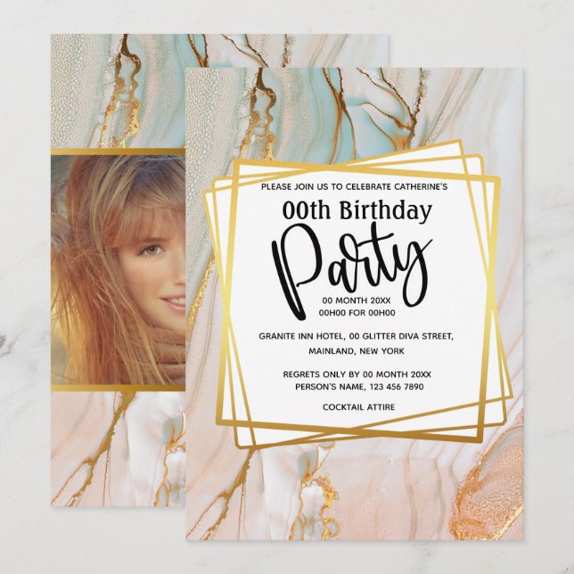 Invitation Fête d'anniversaire géométrique en granit d'or de  (Devant / Derrière)