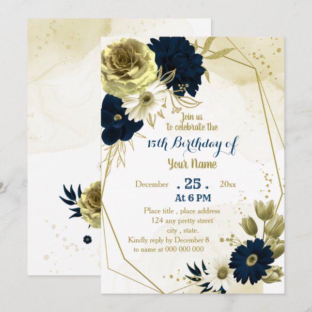 Invitation Fête d'anniversaire géométrique en ivoire fleurie  (Devant / Derrière)