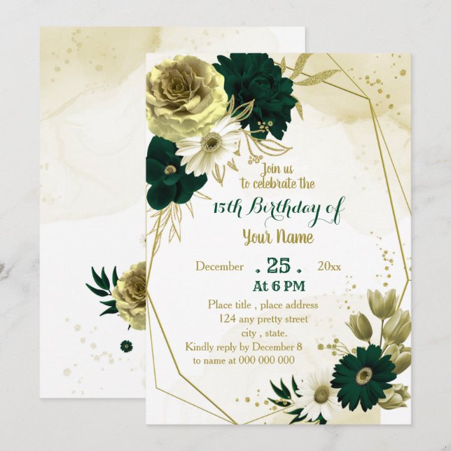 Invitation Fête d'anniversaire géométrique en ivoire vert éme (Devant / Derrière)