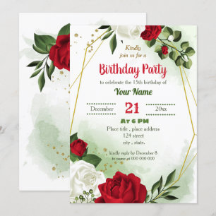 Invitation fête d'anniversaire géométrique rouge blanc fleuri
