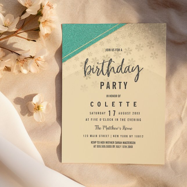 Invitation Fête d'anniversaire géométrique turquoise or flora (Geometrical turquoise gold floral Birthday Party)
