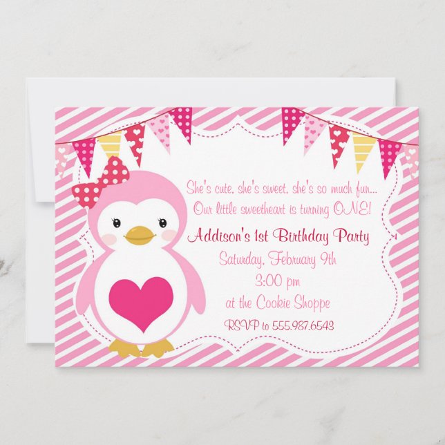 Invitation Fête d'anniversaire Girly de Valentine de pingouin (Devant)