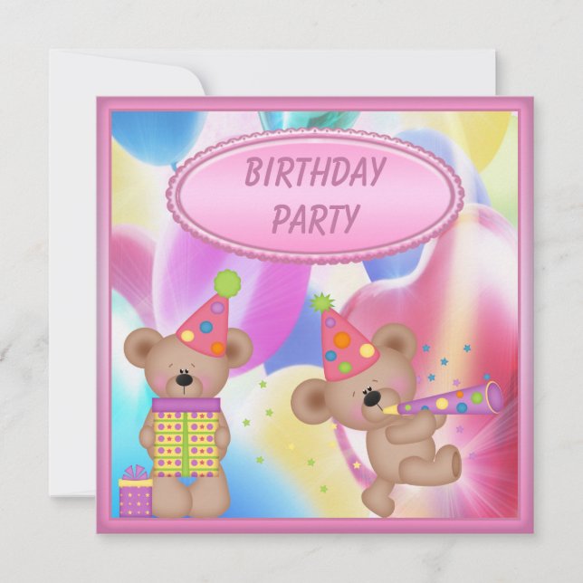 Invitation Fête d'anniversaire Girly mignonne de nounours (Devant)