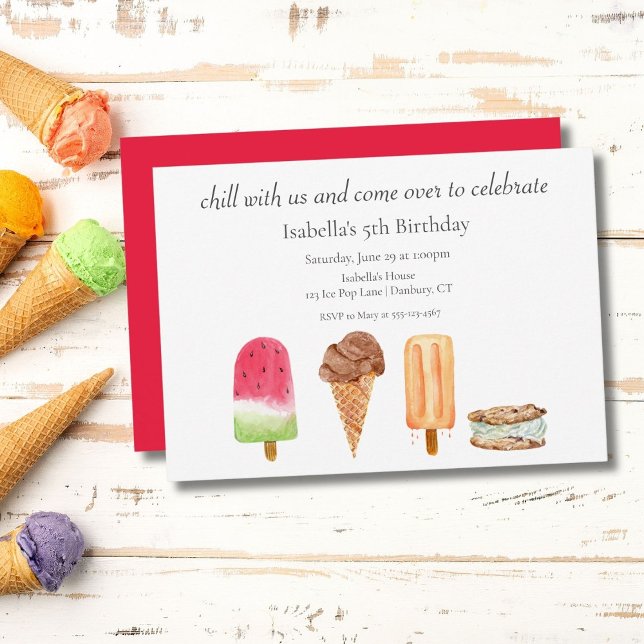 Invitation Fête d'anniversaire Glaces et Popsicles à l'aquare (An adorable sweet watercolor that can be digital for easy sending as well! )