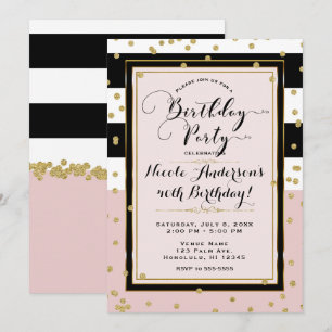 Invitation Fête d'anniversaire Glam rose poudré noir blanc et