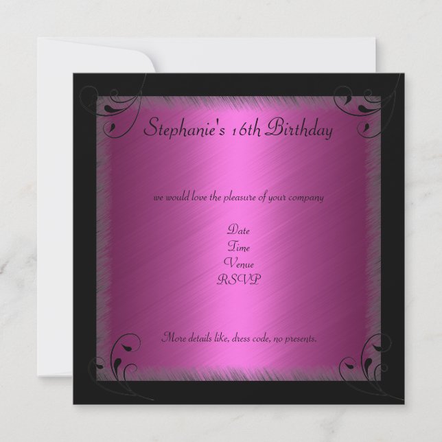 Invitation Fête d'anniversaire Glamor Hot rose Black Sweet 16 (Devant)