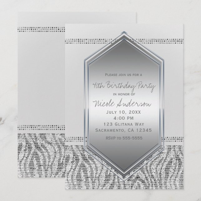 Invitation Fête d'anniversaire Glamour Argent Zèbre Blanc Tou (Devant / Derrière)