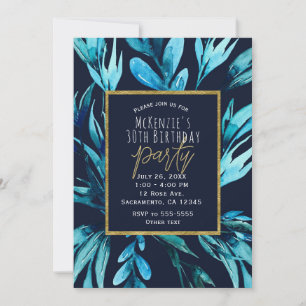 Invitation Fête d'anniversaire glamour botanique aquarelle bl