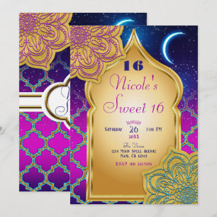 Invitation Fête d'anniversaire glamour nuits arabes or violet