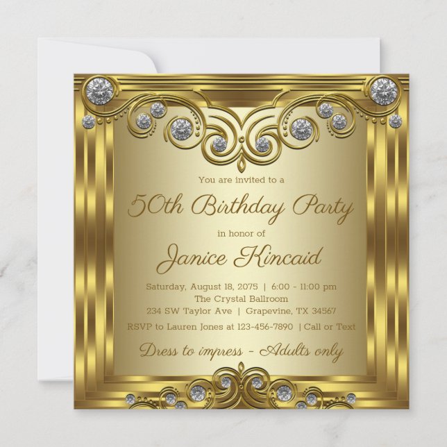 Invitation Fête d'anniversaire glamour or diamant pour femme (Devant)