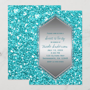 Invitation Fête d'anniversaire Glamour Pailleté Argent Aqua T