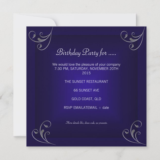 Invitation Fête d'anniversaire Glamour Royal Navy Blue Silver (Devant)