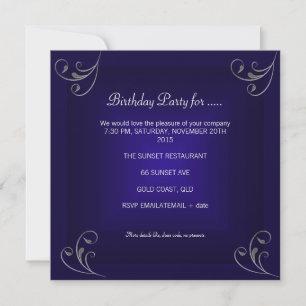 Invitation Fête d'anniversaire Glamour Royal Navy Blue Silver