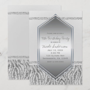 Invitation Fête d'anniversaire Glamour Zèbre Blanc Argent Tou