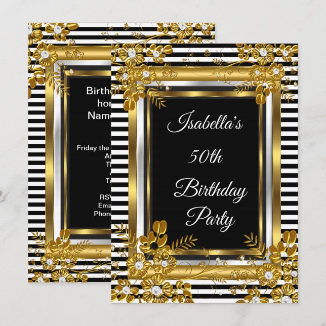Invitation Fête d'anniversaire Gold Black White Strial Floral (Devant / Derrière)
