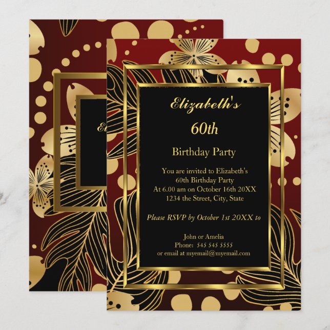 Invitation Fête d'anniversaire Gold Bourgogne Floral (Devant / Derrière)