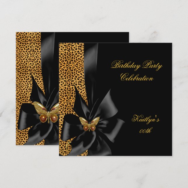 Invitation Fête d'anniversaire Gold Cheetah Papillon noir (Devant / Derrière)