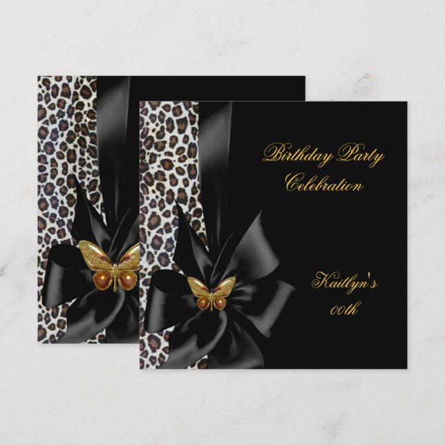 Invitation Fête d'anniversaire Gold Cheetah Papillon noir (Devant / Derrière)
