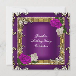 Invitation Fête d'anniversaire Gold Purple Plum Cream Rose