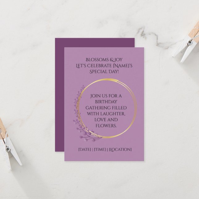Invitation Fête d'anniversaire Golden Bloom (Devant/Arrière en situation)