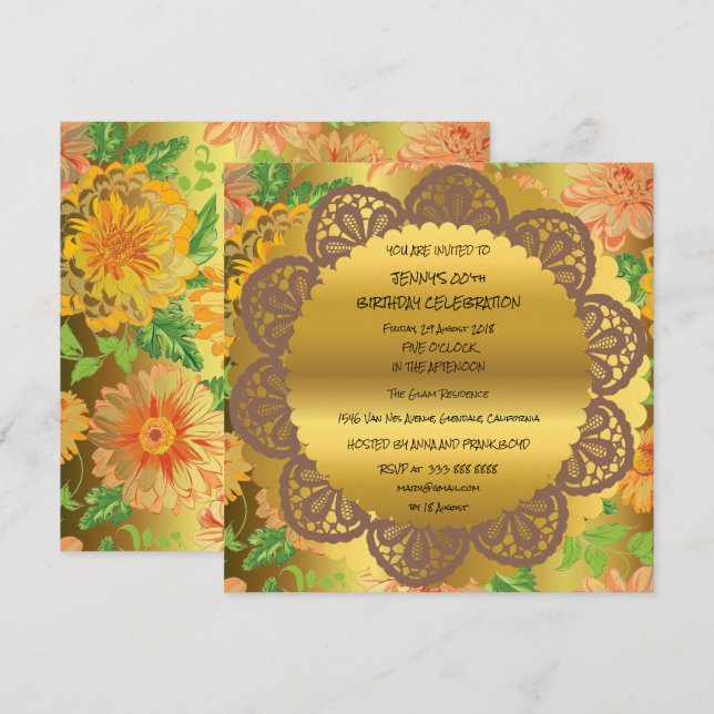 Invitation Fête d'anniversaire Golden Floral Ornement Royal (Devant / Derrière)