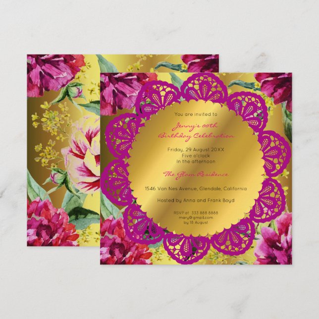 Invitation Fête d'anniversaire Golden Floral Peony rose vert (Devant / Derrière)