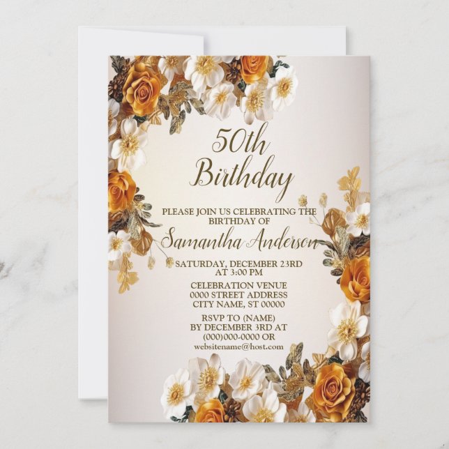 Invitation Fête d'anniversaire Golden Orange White Flowers ru (Devant)